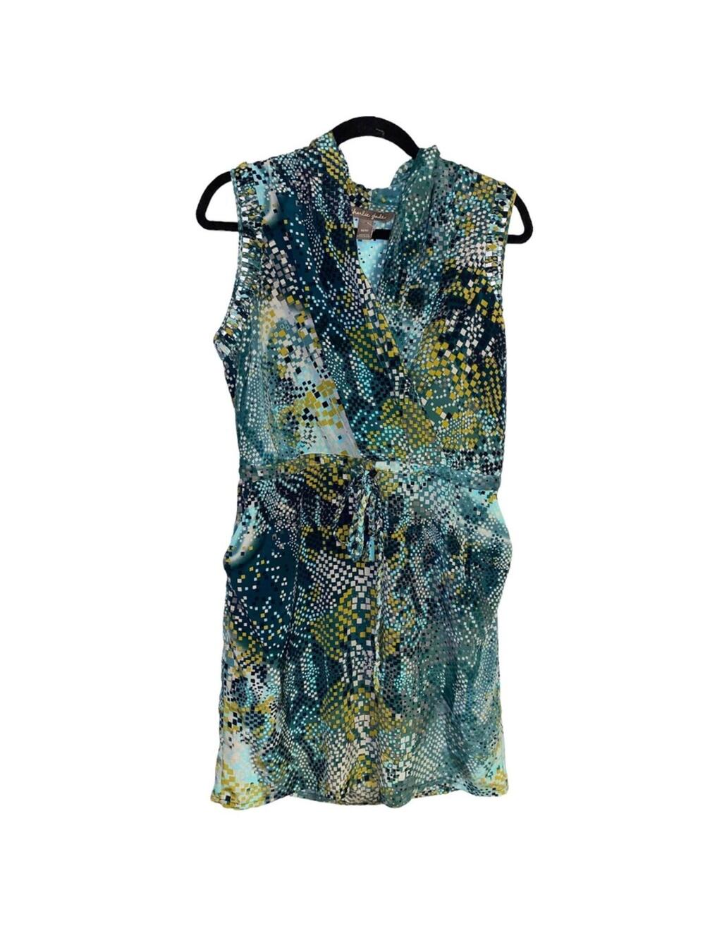 Charlie Jade NWOT 100% Silk Geometric Dress Size Medium Teal Braided Waist